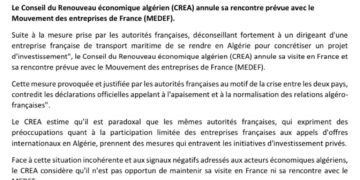 Outre sa réunion avec le MEDEF : Le CREA annonce l&rsquo;annulation de sa visite en France
