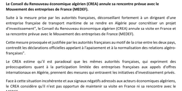 Outre sa réunion avec le MEDEF : Le CREA annonce l&rsquo;annulation de sa visite en France